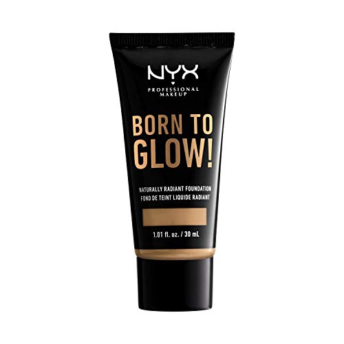NYX Born to Glow Foundation in a black squeeze tube with gold lettering and a warm beige shade strip