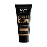 NYX Born to Glow Foundation in a black squeeze tube with gold lettering and a warm beige shade strip