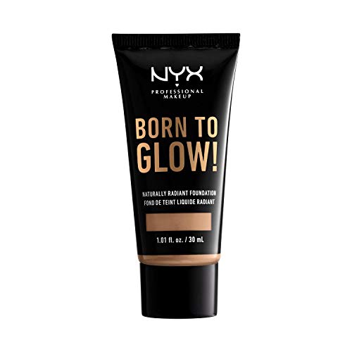 NYX Born to Glow Foundation in a black tube with gold lettering and a beige shade band, featuring a radiant finish