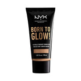 NYX Born to Glow Foundation in a black tube with gold lettering and a beige shade band, featuring a radiant finish