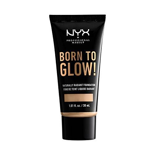 NYX Born to Glow Foundation in a black squeeze tube with gold lettering and a Natural shade indicator band