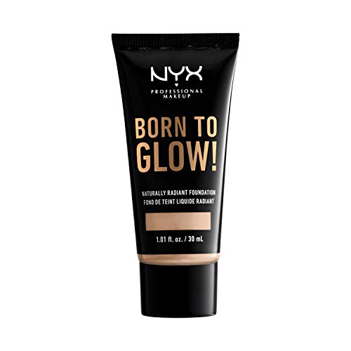 NYX Born to Glow Foundation tube in black packaging with gold lettering and a Natural beige shade band