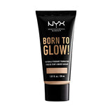NYX Born to Glow Foundation tube in black packaging with gold lettering and a Natural beige shade band