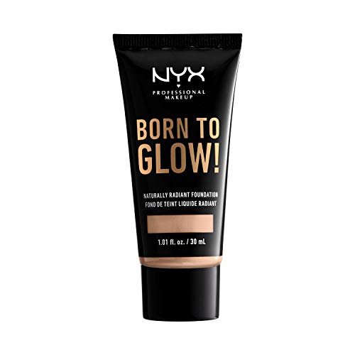 NYX Born to Glow Foundation in a black squeeze tube with gold lettering and a beige Natural shade band