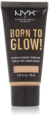 NYX Born to Glow Foundation tube in black packaging with gold lettering and a Natural shade label