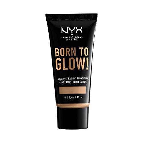NYX Born to Glow Foundation in a black squeeze tube with gold lettering and a beige Natural shade indicator