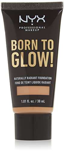 NYX Born to Glow Foundation in Natural, a black tube with gold lettering and a beige shade window
