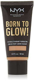 NYX Born to Glow Foundation in Natural, a black tube with gold lettering and a beige shade window