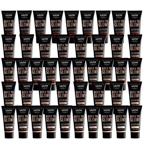 NYX Born to Glow Foundation tubes in black packaging with gold lettering and visible Natural shade swatches