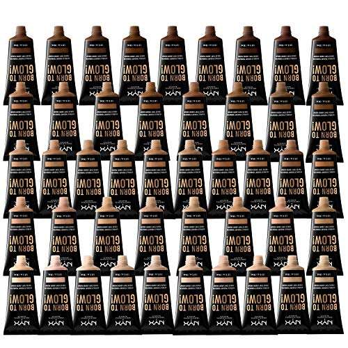 NYX Born to Glow Foundation tubes in assorted shades, with black packaging, gold lettering and a tapered applicator tip