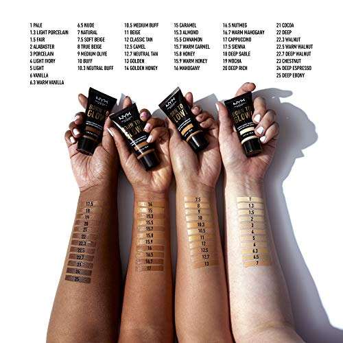NYX Born to Glow Foundation in black squeeze tubes, shown with multiple shade swatches across different skin tones