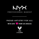 NYX Born to Glow Foundation branding card with white lettering, pink heart and cruelty-free bunny emblem