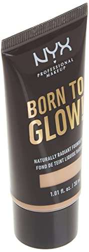 NYX Born to Glow Foundation in a dark charcoal squeeze tube with gold lettering, beige shade band and black cap