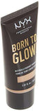 NYX Born to Glow Foundation in a dark charcoal squeeze tube with gold lettering, beige shade band and black cap