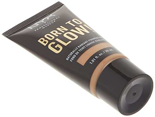 NYX Born to Glow Foundation in a dark brown squeeze tube with gold lettering and a Natural shade band