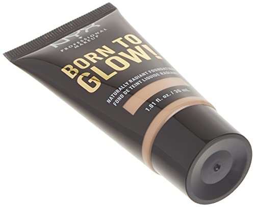 NYX Born to Glow Foundation tube in dark gray with gold lettering and a beige shade band, featuring a black cap