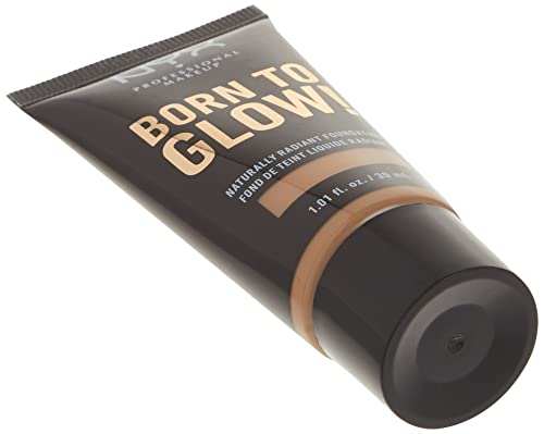 NYX Born to Glow Foundation in a dark squeeze tube with warm beige lettering and a bronze-toned band near the cap