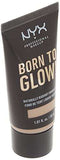 NYX Born to Glow Foundation in a dark squeeze tube with beige lettering and a Natural shade band