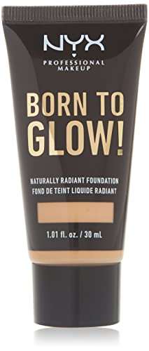 NYX Born to Glow Foundation tube in dark charcoal packaging with gold lettering and a Natural shade swatch