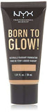NYX Born to Glow Foundation tube in dark charcoal packaging with gold lettering and a Natural shade swatch