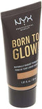 NYX Born to Glow Foundation in a dark brown tube with gold lettering and a beige Natural shade band
