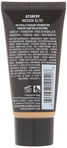 NYX Born to Glow Foundation tube in medium olive, dark charcoal packaging with a beige shade visible at the base