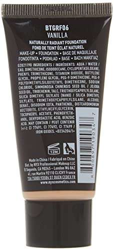 NYX Born to Glow Foundation tube in Natural, black packaging with vanilla shade label and beige foundation visible