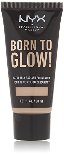NYX Born to Glow Foundation in Natural, shown in a black squeeze tube with beige lettering and a radiant finish
