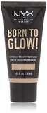 NYX Born to Glow Foundation in Natural, shown in a black squeeze tube with beige lettering and a radiant finish