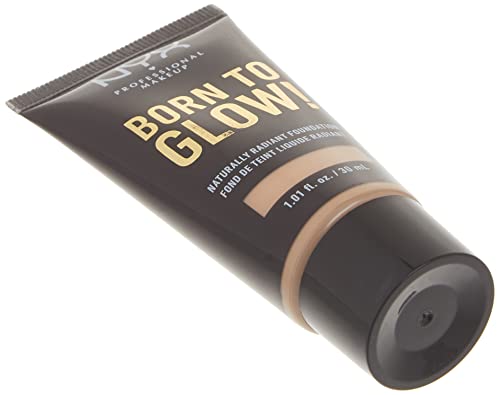 NYX Born to Glow Foundation in Natural, dark squeeze tube with gold lettering and a beige shade band