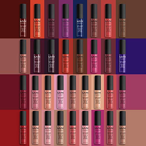 NYX Soft Matte Lip Cream shades in assorted pink, red, nude and berry tones with black caps and printed labels