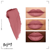 NYX Soft Matte Lip Cream in Beijing, dusty rose pink matte swatch beside three lip looks showing the creamy finish