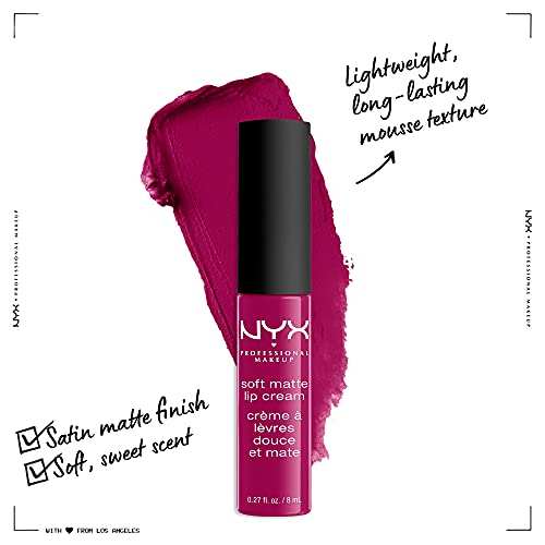 NYX Soft Matte Lip Cream in vivid berry pink with a creamy matte finish and slim tube with black cap