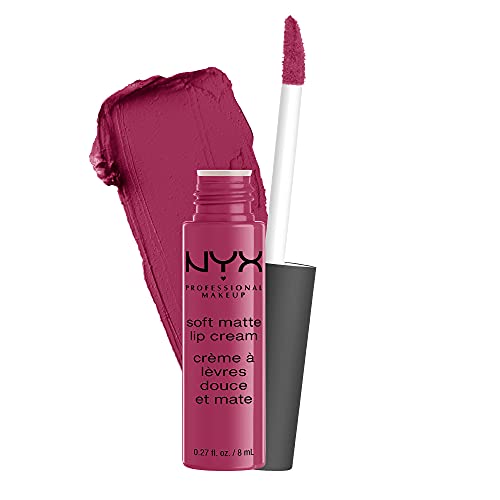 NYX Soft Matte Lip Cream in a berry rose shade, with matching swatch and doe-foot applicator