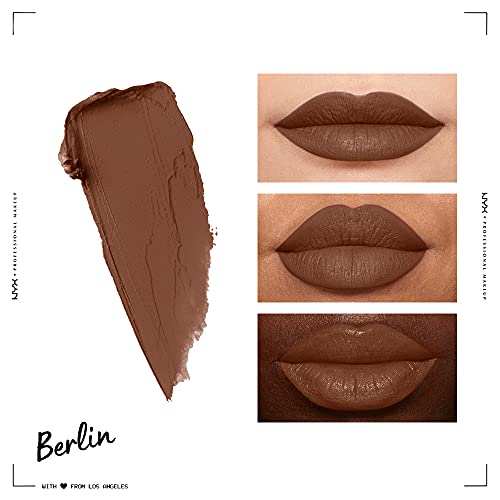 NYX Soft Matte Lip Cream swatch in creamy brown nude Berlin, with matching lip color shown on three skin tones