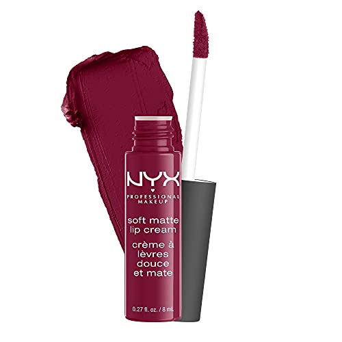 NYX Soft Matte Lip Cream in deep berry Cannes shade, shown with a matching doe-foot applicator and creamy matte swatch