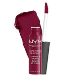 NYX Soft Matte Lip Cream in deep berry Cannes shade, shown with a matching doe-foot applicator and creamy matte swatch