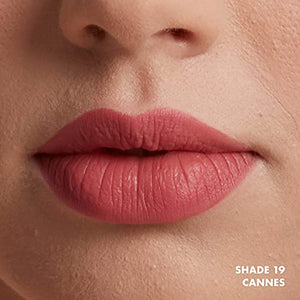 NYX Soft Matte Lip Cream shown as a muted nude-pink matte lip color on a model’s lips