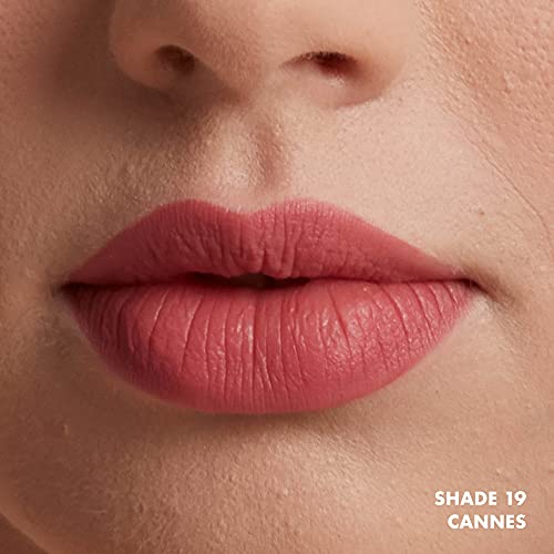 NYX Soft Matte Lip Cream in Cannes, shown as a soft dusty rose matte color on lips with a smooth finish