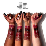 NYX Soft Matte Lip Cream held in hands with applicators and numbered Cannes shade swatches across varied skin tones