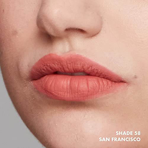NYX Soft Matte Lip Cream shows coral-pink matte color on lips, with shade 58 San Francisco identified in the image.