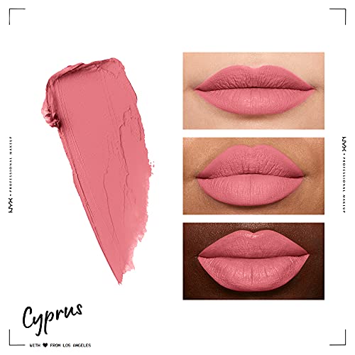 NYX Soft Matte Lip Cream in Cyprus, dusty rose pink swatch with a creamy matte look shown on three skin tones