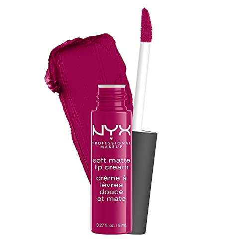 NYX Soft Matte Lip Cream in a deep berry shade, shown with a matching doe-foot applicator and creamy matte swatch