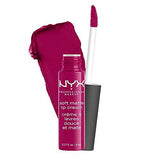 NYX Soft Matte Lip Cream in a deep berry shade, shown with a matching doe-foot applicator and creamy matte swatch