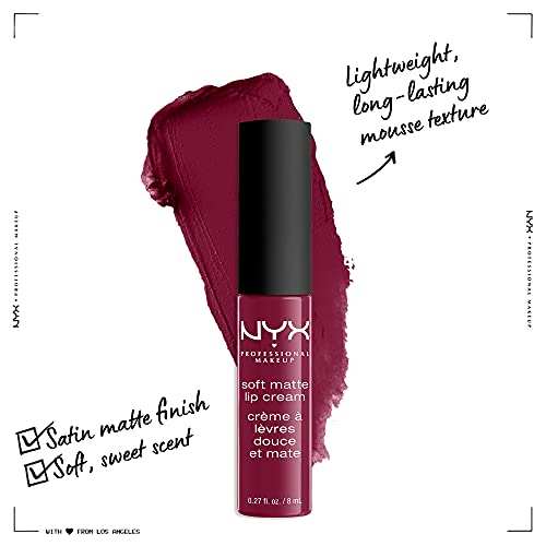 NYX Soft Matte Lip Cream in deep berry Cannes shade, shown with a black cap and creamy matte swatch