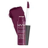 NYX Soft Matte Lip Cream in deep berry plum, with an open tube and matching doe-foot applicator.
