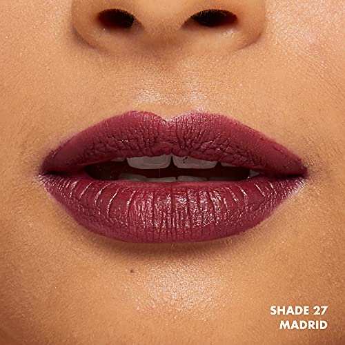 NYX Soft Matte Lip Cream lipstick in deep mauve, with a creamy matte finish shown on lips; shade 27 Madrid