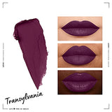 NYX Soft Matte Lip Cream in deep plum Transylvania shade, shown as a swatch and on lips across three skin tones