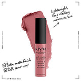 NYX Soft Matte Lip Cream in a dusty rose shade, with a black cap and creamy matte swatch showing its soft texture.