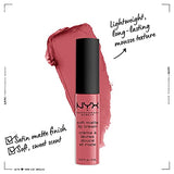 NYX Soft Matte Lip Cream in dusty rose with a black cap, shown over a matching creamy swatch with a soft matte finish